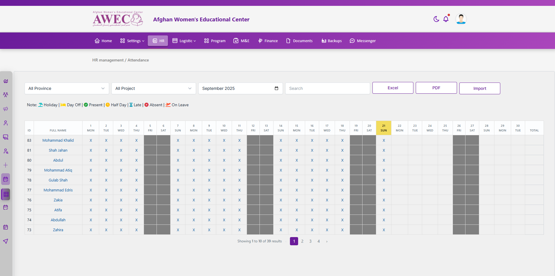 Attendance grid